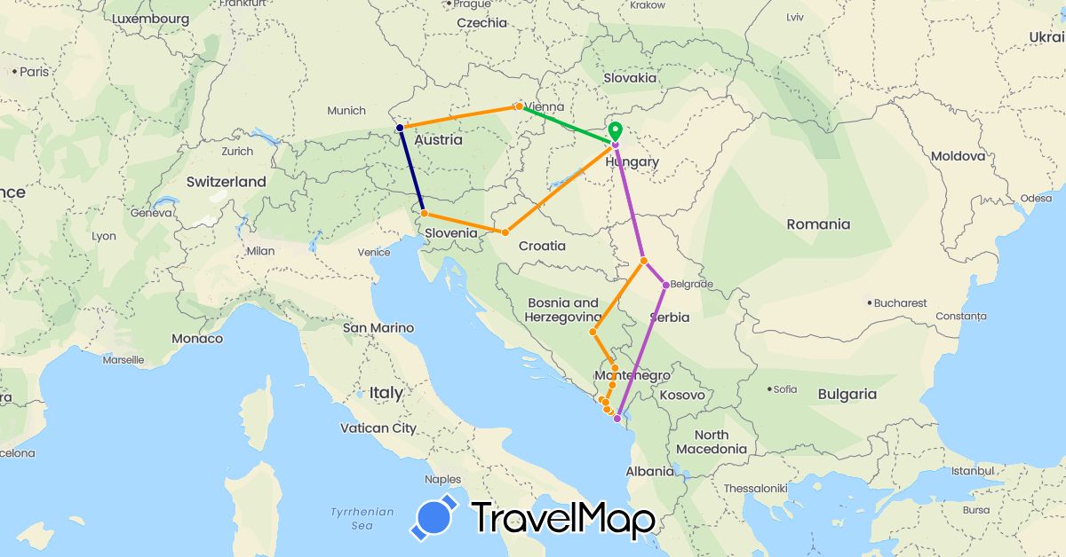 TravelMap itinerary: driving, bus, train, hitchhiking in Austria, Bosnia and Herzegovina, Croatia, Hungary, Montenegro, Serbia, Slovenia (Europe)