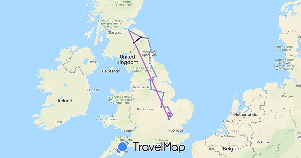 TravelMap itinerary: driving, plane, cycling, train in United Kingdom (Europe)