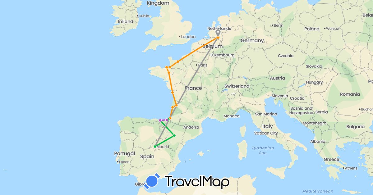 TravelMap itinerary: driving, bus, plane, train, hitchhiking in Spain, France, Netherlands (Europe)